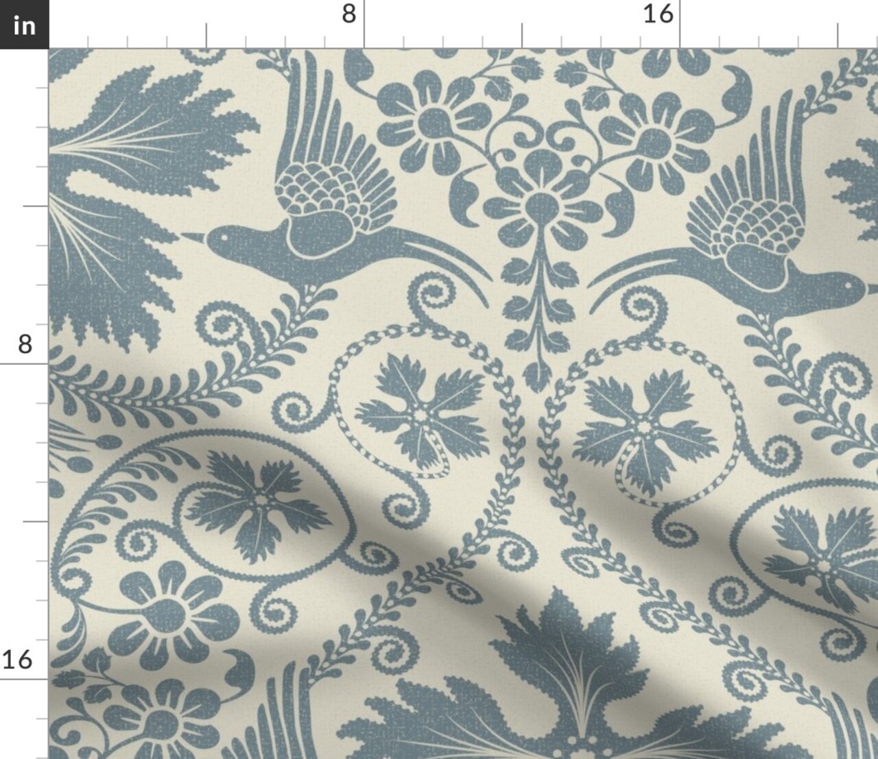 Bird Blue Flowers Botanical Floral Damask Italian Villa Large Scale Custom Printed Fabric by Spoonflower Various Fabrics by the Yard or Fat Quarter